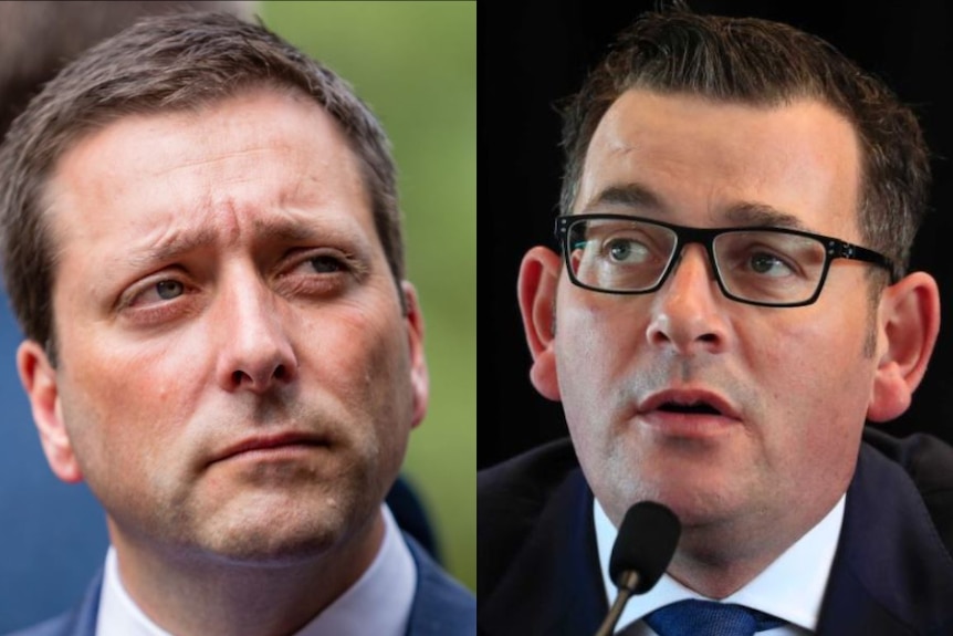On the left, the opposition leader stares to the right. On the right, the premier stares to the left.