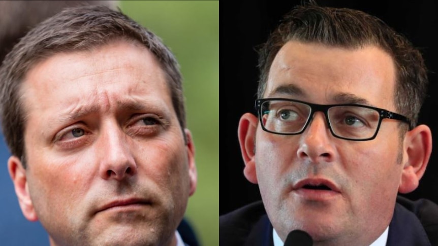 On the left, the opposition leader stares to the right. On the right, the premier stares to the left.
