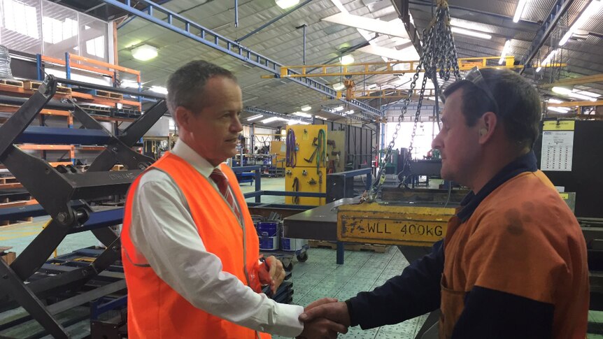 Opposition Leader Bill Shorten meets manufacturing workers at Moe, in the Latrobe Valley.