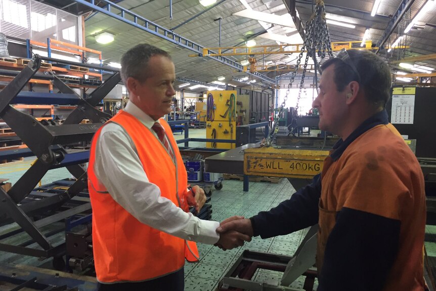 Opposition Leader Bill Shorten meets manufacturing workers at Moe, in the Latrobe Valley.