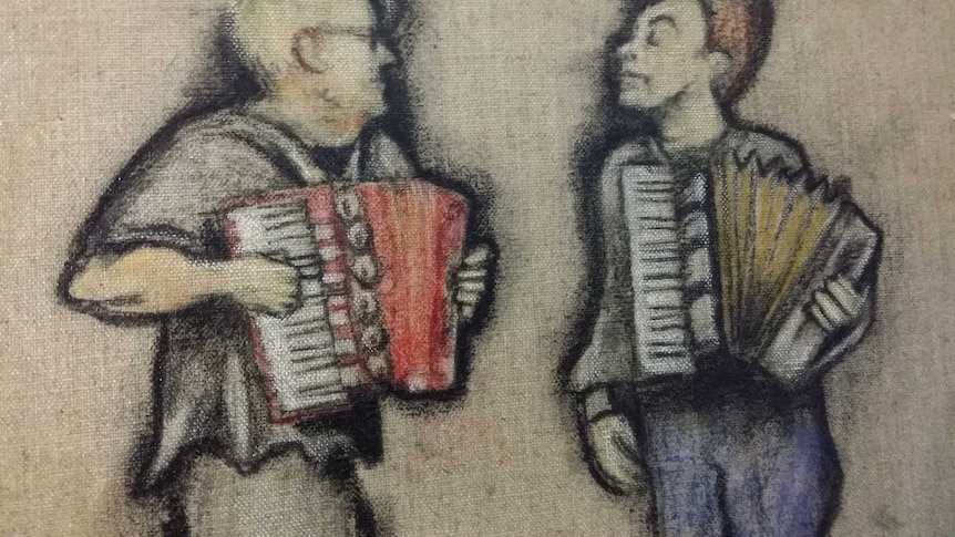 Angus and Greg Robson playing accordion at Browns Mart theatre