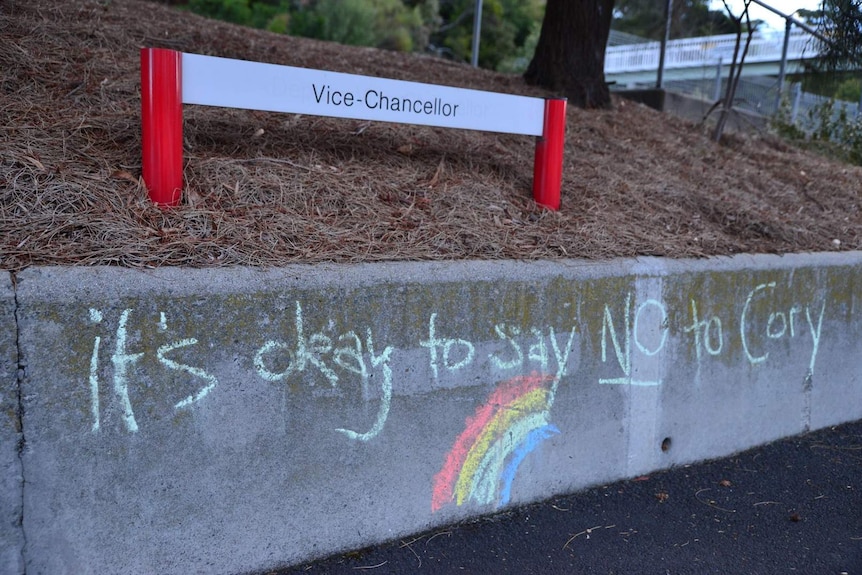 A sign saying its OK to say NO to Cory chalked outside a say NO to same sex rally in Hobart