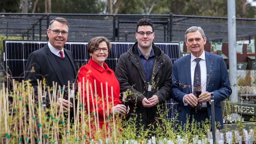 (L-R) La Trobe University Vice-Chancellor Professor John Dewar, Cooper MP Ged Kearney, student Tyler Barry, John Brumby