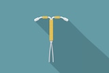 An illustration of a copper IUD against a teal background