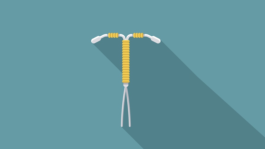 An illustration of a copper IUD against a teal background