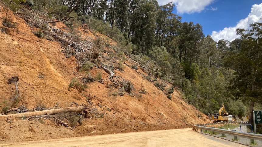 Landslide running down to a road with a bulldozer.