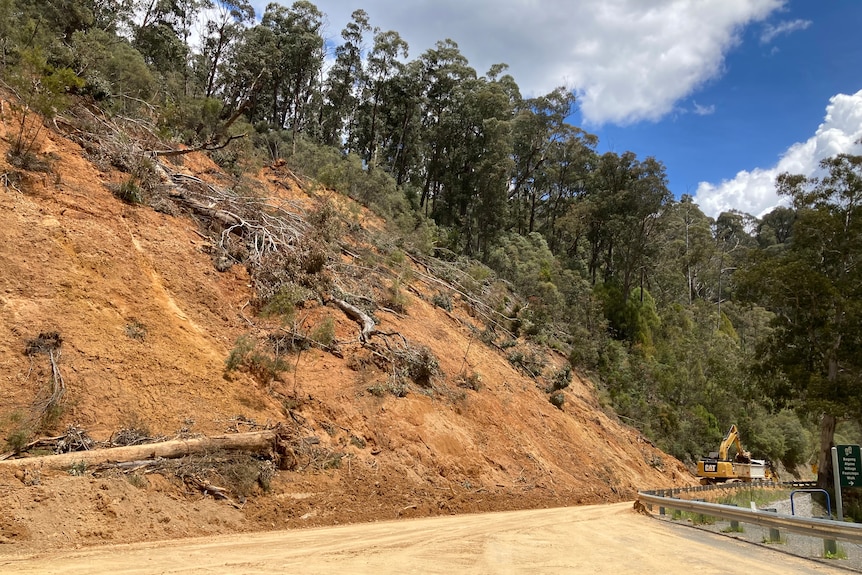 Landslide running down to a road with a bulldozer.