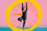 A woman exercises in front of an image of a clock to depict how to stick to fitness goals and daily exercise habits.