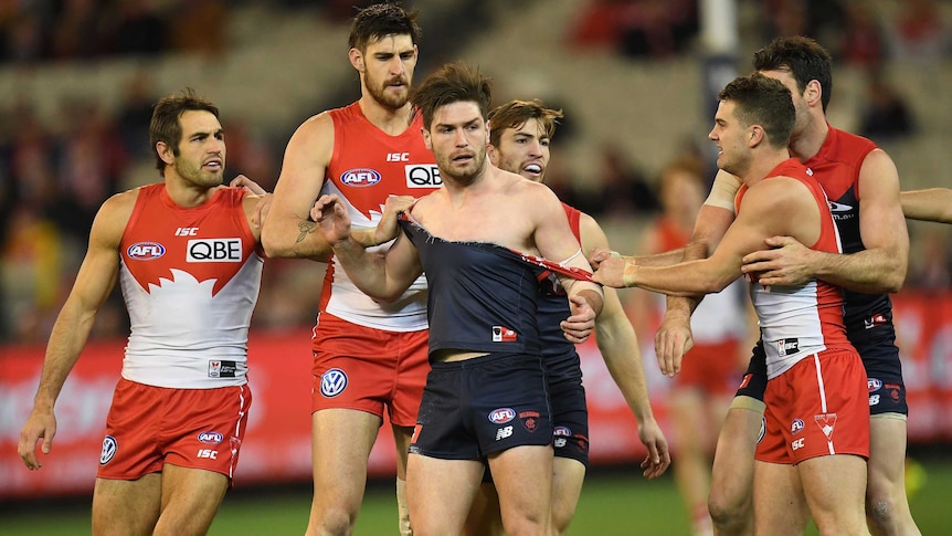 Melbourne's Tom Bugg (C) has been suspended for six matches.