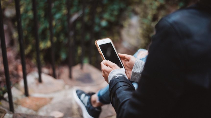 A person checks their phone while sitting on brick steps while wearing ripped jeans.