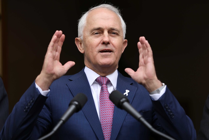 Malcolm Turnbull gestures at a press conference.