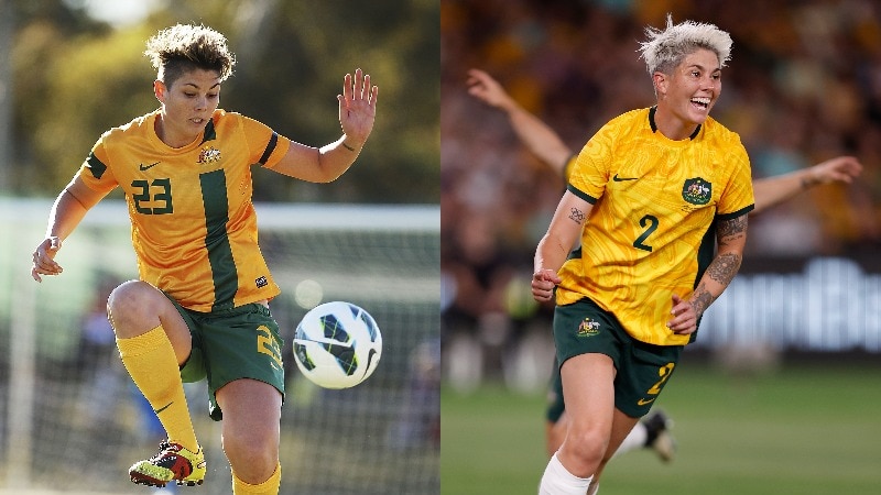 A soccer player wearing yellow and green in two different years