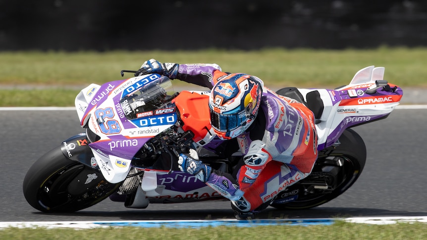 A Spanish MotoGP rider rides during qualifying session for Australian Grand Prix.