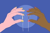 A cartoon illustration of a light-skinned hand holding a small, white IUD and a dark-skinned hand holding a small, copper IUD.