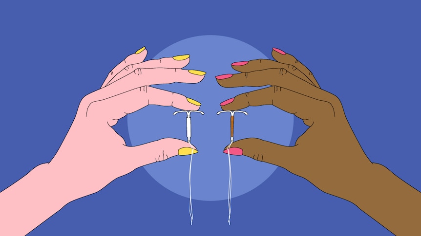 A cartoon illustration of a light-skinned hand holding a small, white IUD and a dark-skinned hand holding a small, copper IUD.