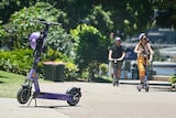 Purple e-scooter parked on footpath with two other people riding on others.