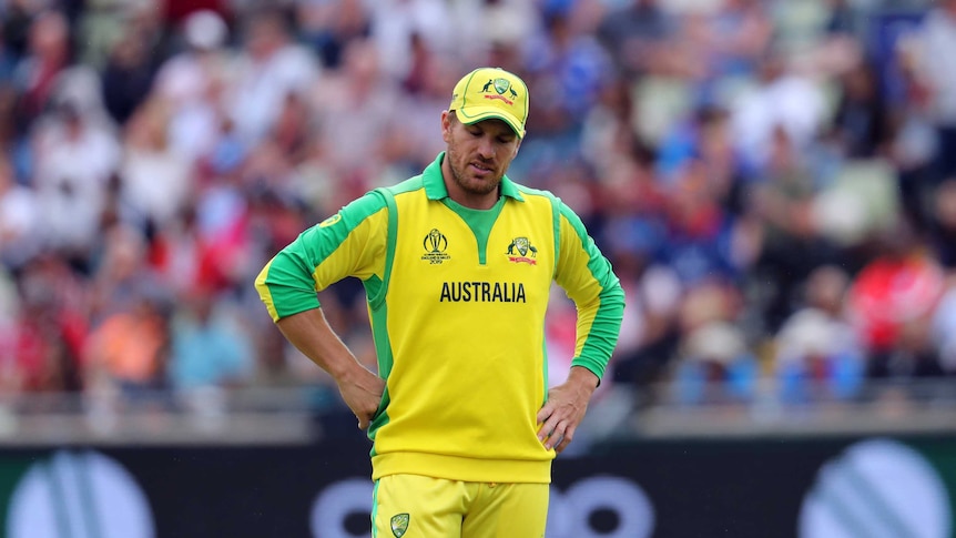 Aaron Finch has his hands on his hips and looks downwards with a disappointed look on his face.