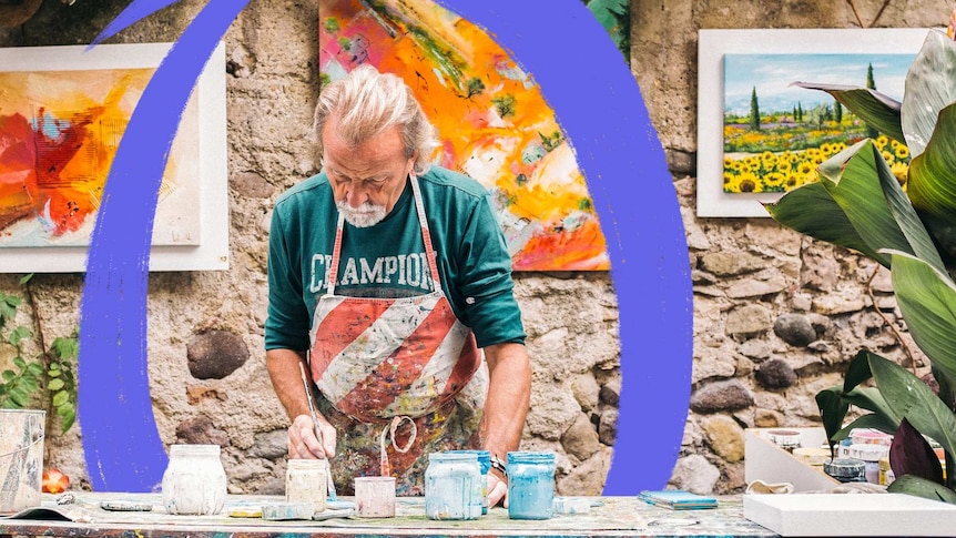 Older man painting at a large table surrounded by paintings and purple circle to depict benefits of making time for art.