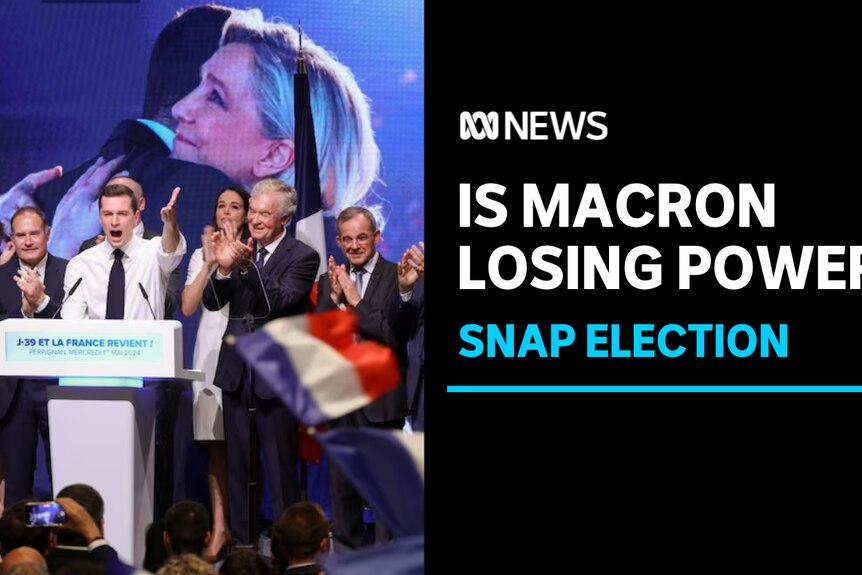 Is Macron Losing Power? Snap Election: A man yelling on stage as a crowd applauds around him.