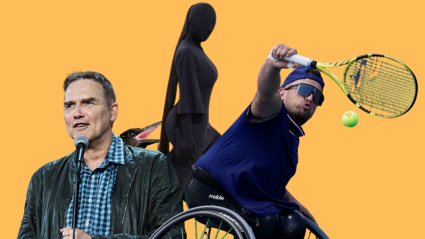 A composite image of Dylan Alcott, Norm Macdonald, a woman in all black and a beaked critter peaking out from behind.  