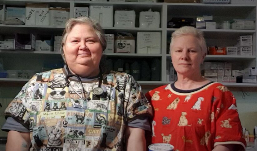 vet and vet nurse in colourful scrubs stand beside each other in vet clinic