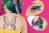 A composite image of a butterfly back tattoo, butterfly eyeliner and a butterfly crop top.