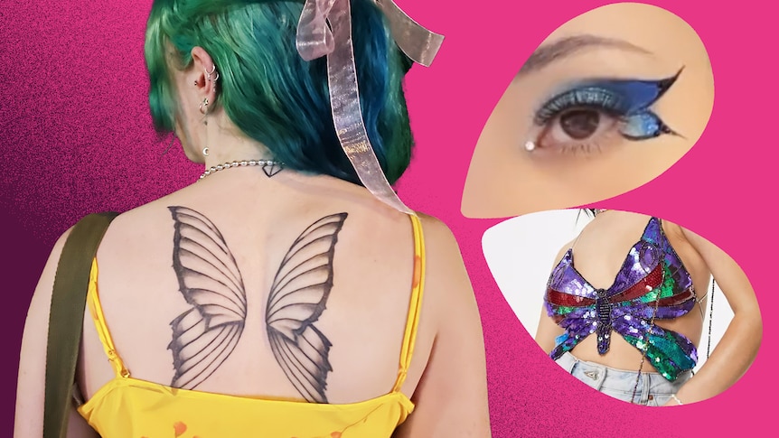 A composite image of a butterfly back tattoo, butterfly eyeliner and a butterfly crop top.