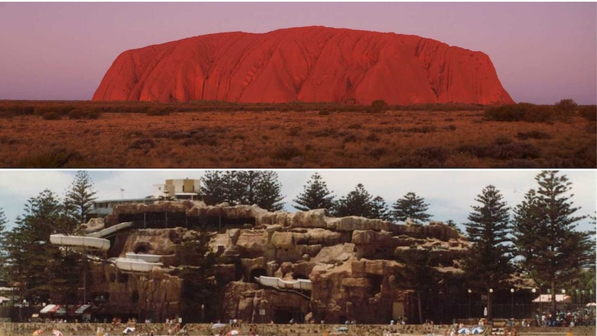A composite image of Uluru at sunset and former Adelaide icon Magic Mountain