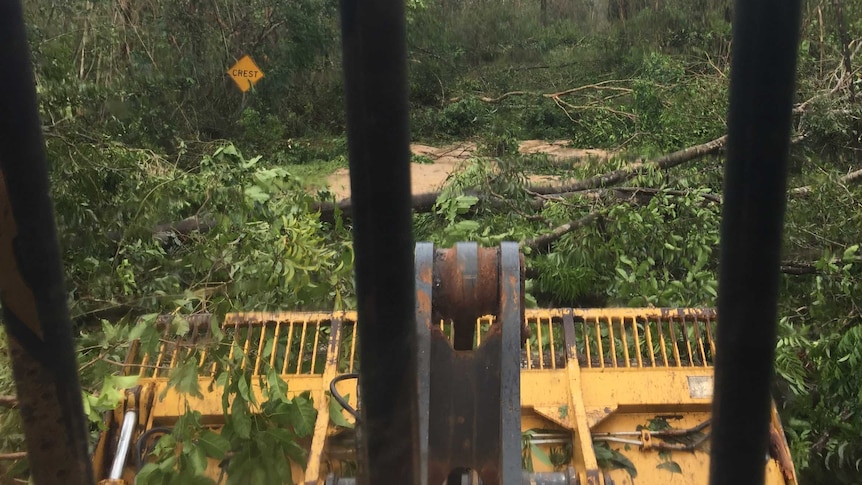 The view from a bulldozer cockpit, which shows a mess of fallen trees and debris piled up on the road following Cyclone Trevor.