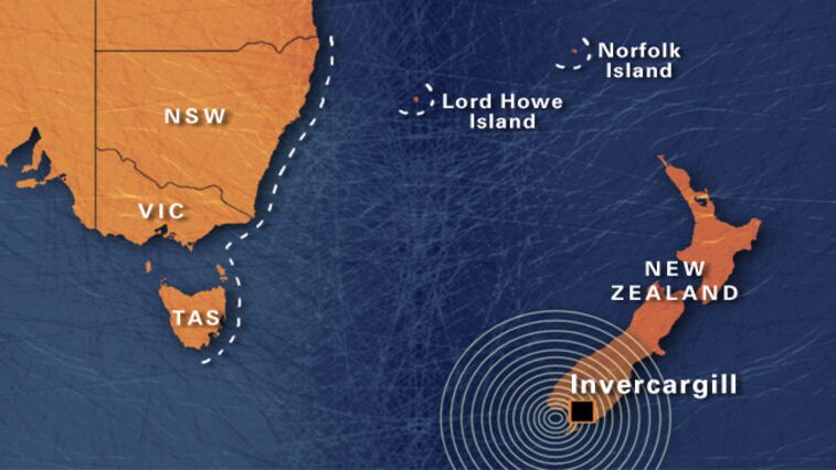 Map of New Zealand quake, with Invercargill marked.