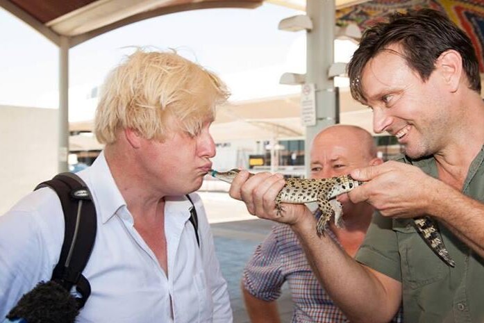 Boris Johnson meets George the croc in Darwin