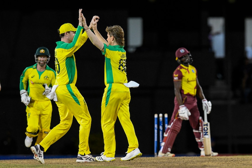 Two Australians do a double high-five to celebrate a West Indies wicket as the batsman trudges off in a T20I.