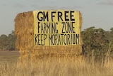 A GM free sign is attached to a hay bale near Williams in Western Australia