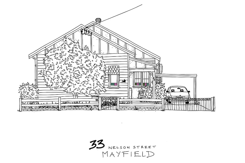 A pencil drawing of a weatherboard home