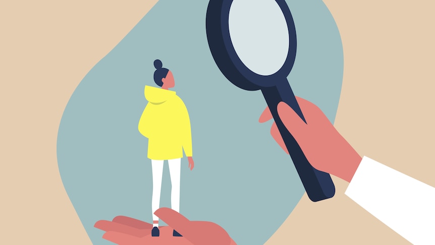 cartoon image of lady in yellow hoodie in the palm of big hand holding big magnifying glass in other hand