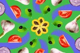 Kaleidoscope based Illustration of apricot, olive, basil, tomato, garlic and red onion for a guide on Mediterranean Diet.