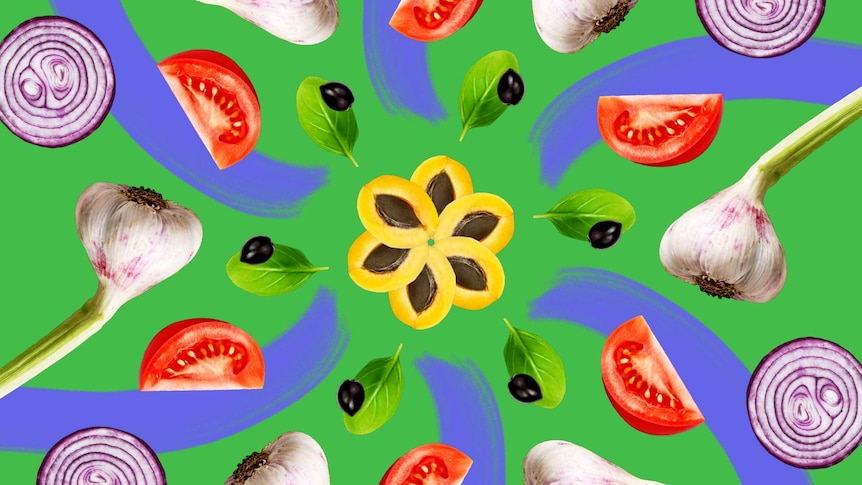 Kaleidoscope based Illustration of apricot, olive, basil, tomato, garlic and red onion for a guide on Mediterranean Diet.