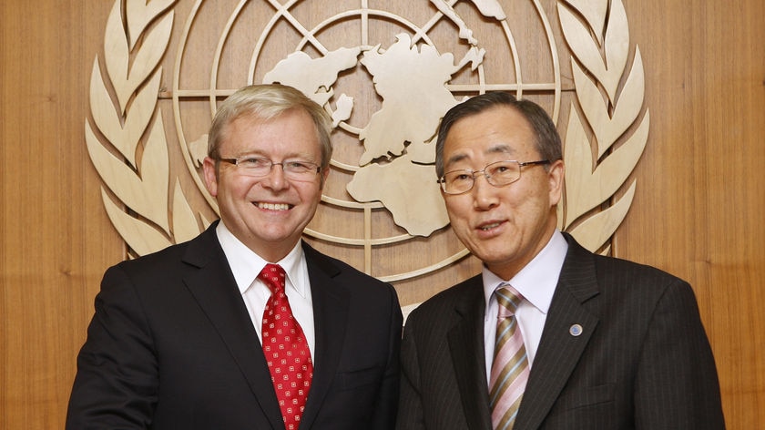 Prime Minister Kevin Rudd shakes hands with UN secretary-general Ban Ki-moon