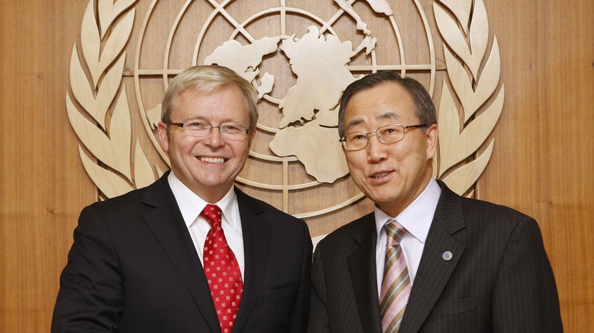 Prime Minister Kevin Rudd spoke at a meeting at the United Nations headquarters in New York on Sunday.