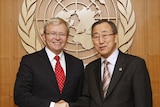 Prime Minister Kevin Rudd shakes hands with UN secretary-general Ban Ki-moon