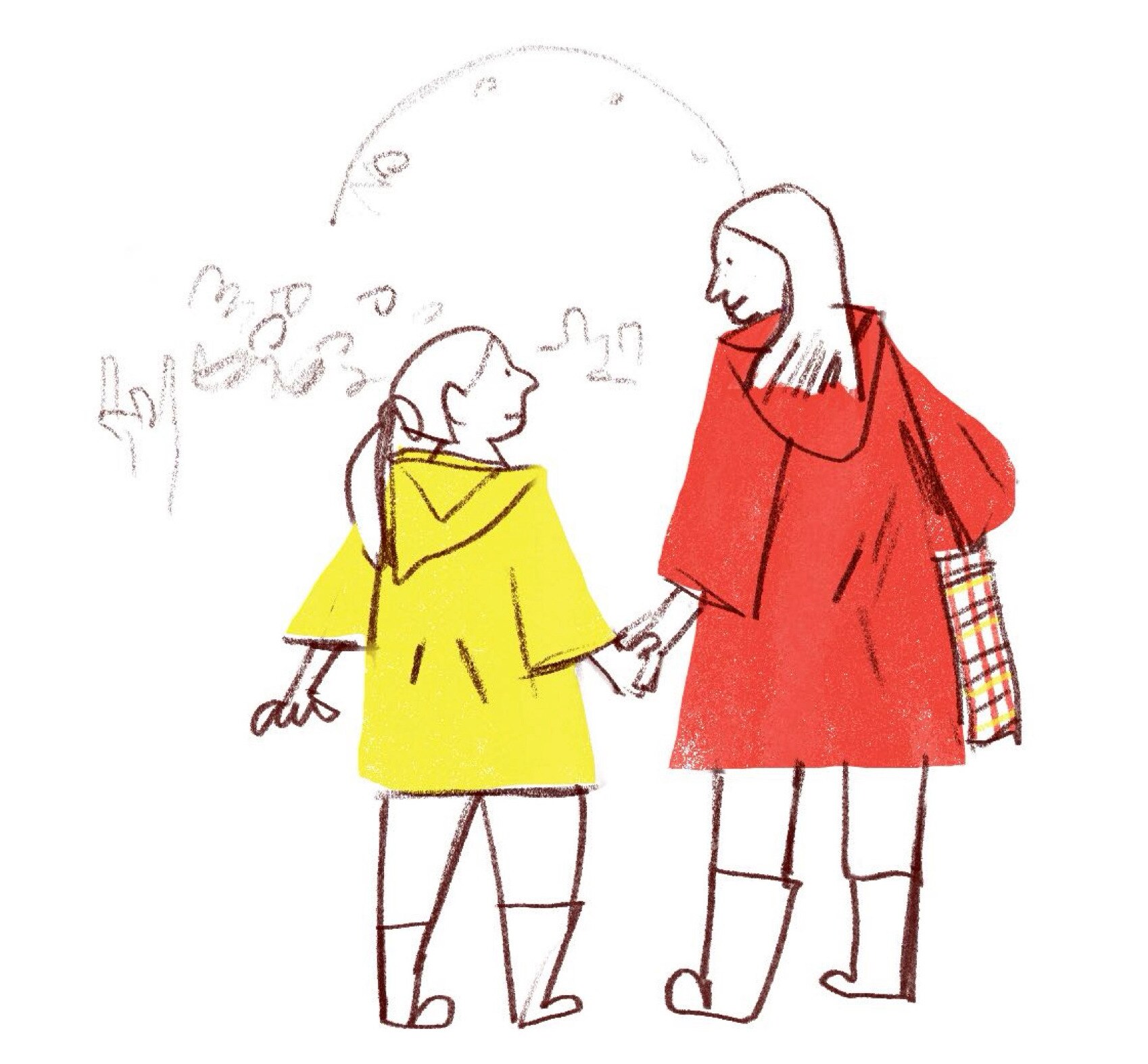 A girl in a yellow jacket and a woman in a red jacket hold hands.