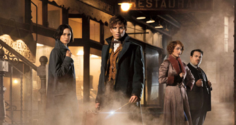 Katherine Waterston, Eddie Redmayne, Alison Sudol and Dan Folger in a scene from Fantastic Beasts and Where to Find Them.