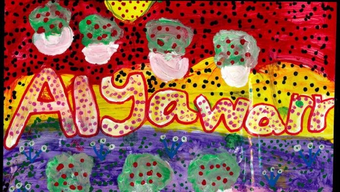 a colourful dot painting with the word Alyawarn painted in the centre