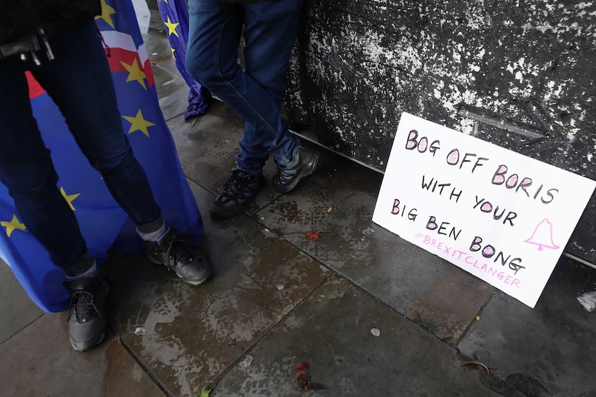 A sign reads "bog off Boris with your Big Ben bong".