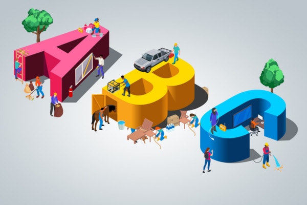 Letters A, B and C in pink, yellow and blue with small infographics of people completing emergency safety tasks