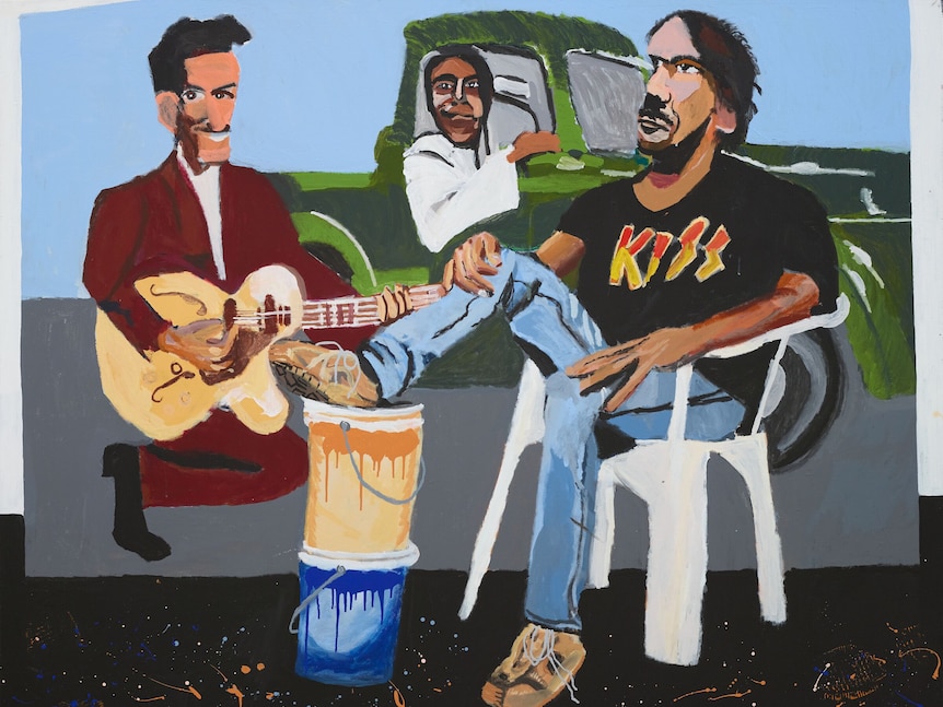 Abstract painting showing three men, one in a green car, one sitting on a white chair and one playing guitar.