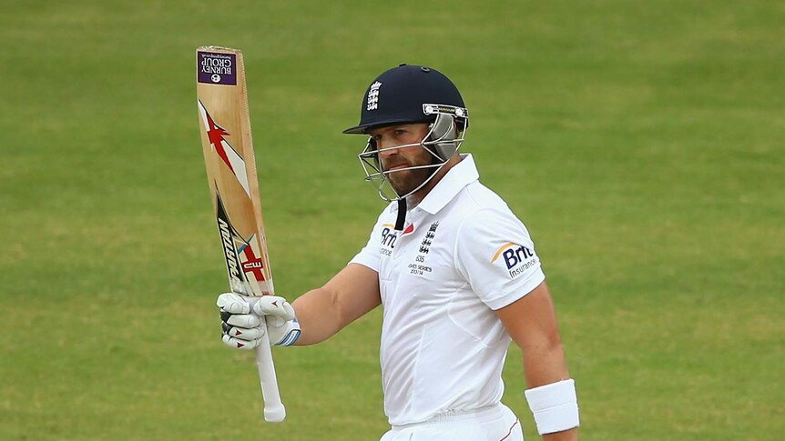 Matt Prior of England raises his bat after scoring his half century during day five of Second Ashes Test Match between Australia and England at Adelaide Oval on December 9, 2013.