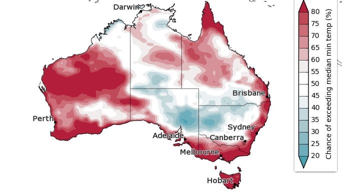 Minimum temperatures are likely to be cooler than normal through inland Australia but warmer than normal elsewhere.