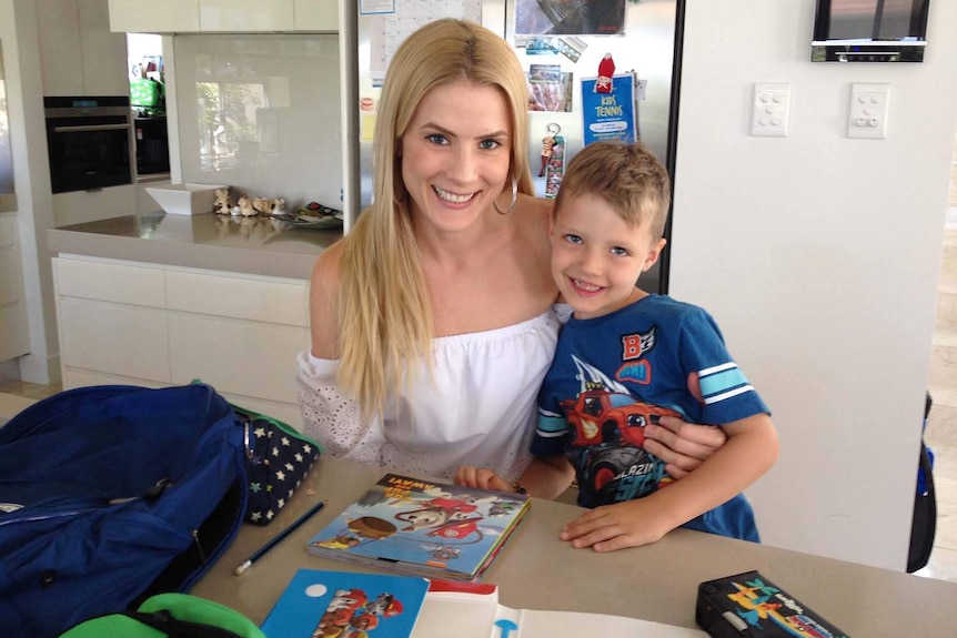 Sophie Harrington with her son five-year-old Hugo in the kitchen of their Brisbane house on January 20, 2018