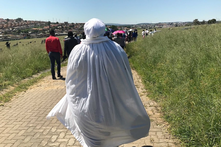 A group of people are seen from behind walking down a path.